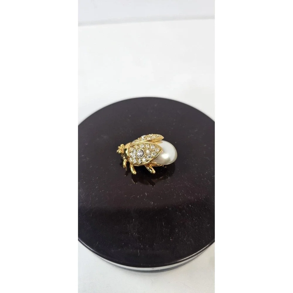 Napier Brooch Pin Ladybug Insect‎ Clear Glass Rhinestones Faux Pearl Body Mini